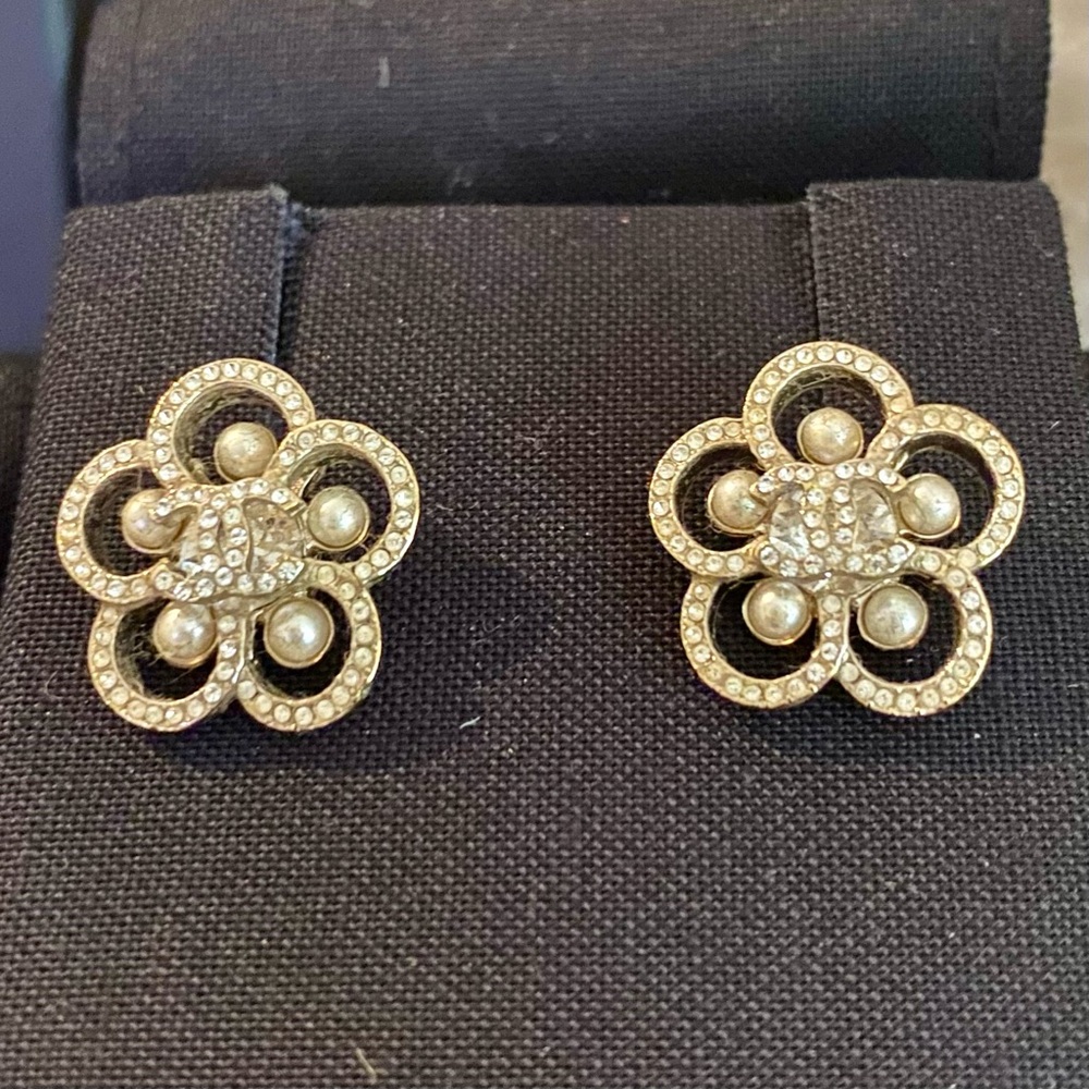 CHANEL CC BOUTON DE CAMÉLIA AJOURÉ STUD EARRINGS
